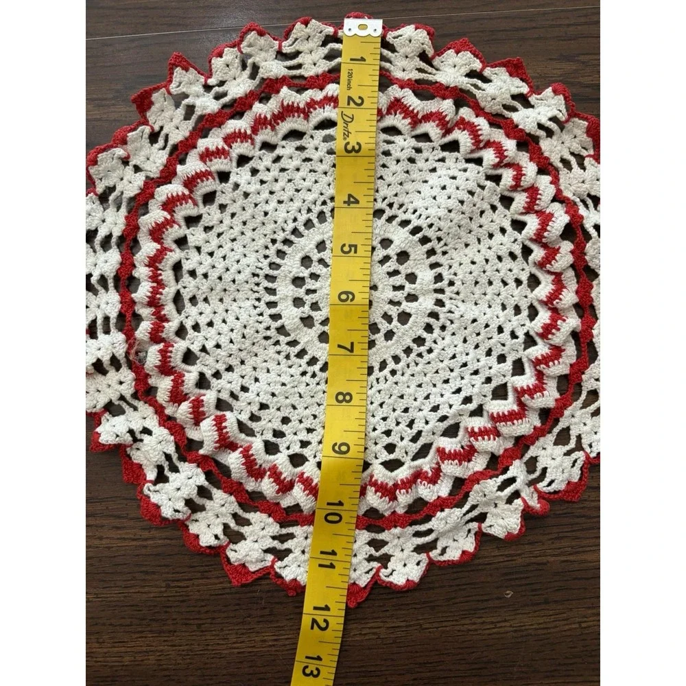 Vintage Red White Crochet Doily 11